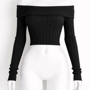 Zara Black Off-Shoulder Ribbed Crop Top Sweater